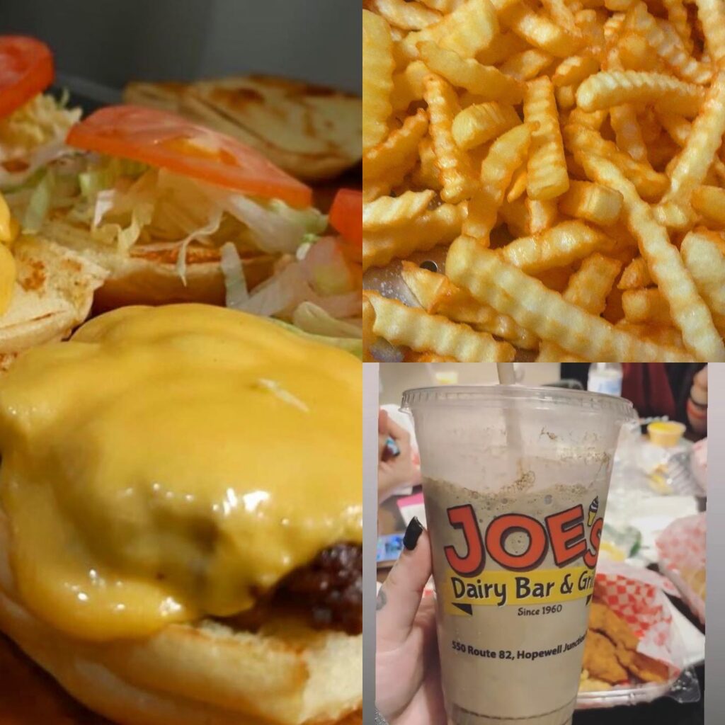 Ordered Food Montage of Burgers Fries and Milkshake from Joe's Dairy Bar